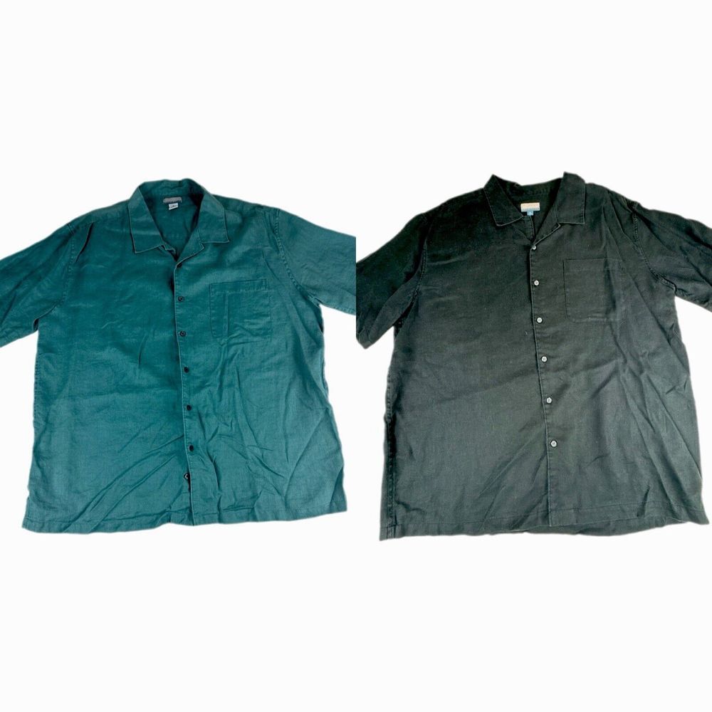Vtg Breakwater Linen Shirt Mens XL Black Green‎ Short Sleeve Button Up Lot of 2